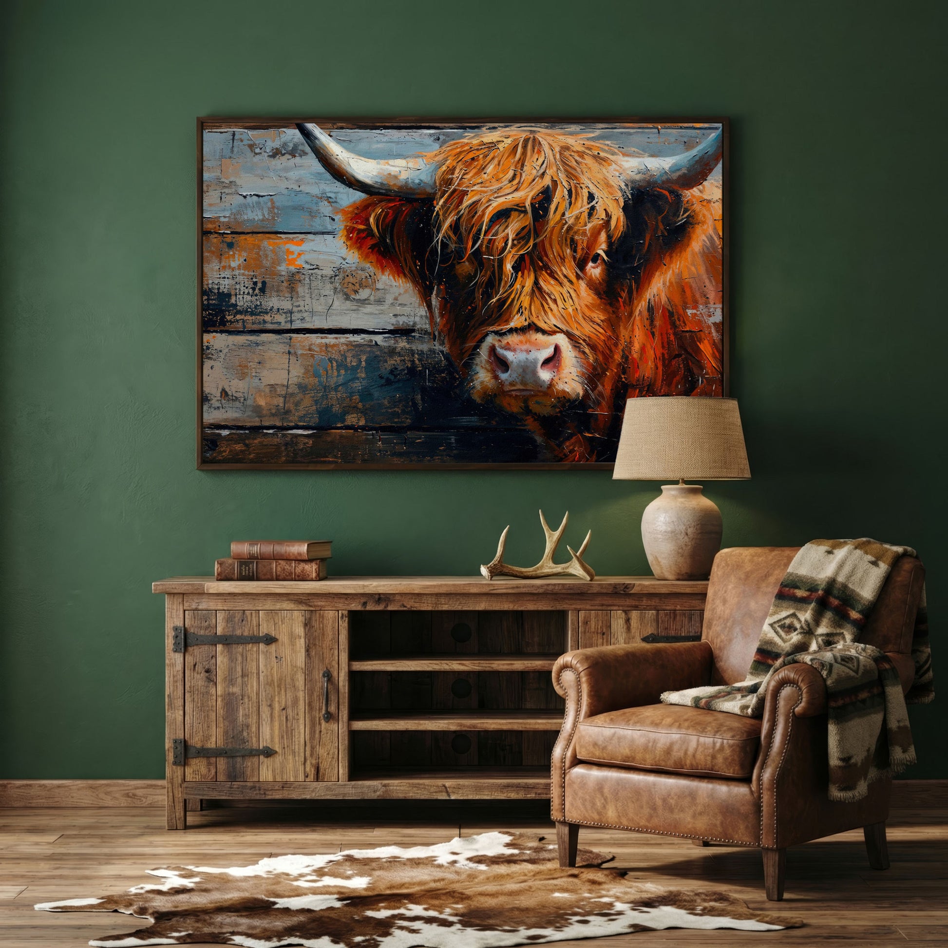 Scottish Highland Cow Canvas Print with Textured Farmhouse Detail in dark walnut floating frame