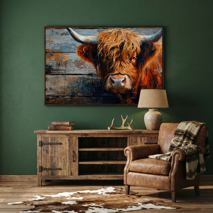 Scottish Highland Cow Canvas Print with Textured Farmhouse Detail in dark walnut floating frame