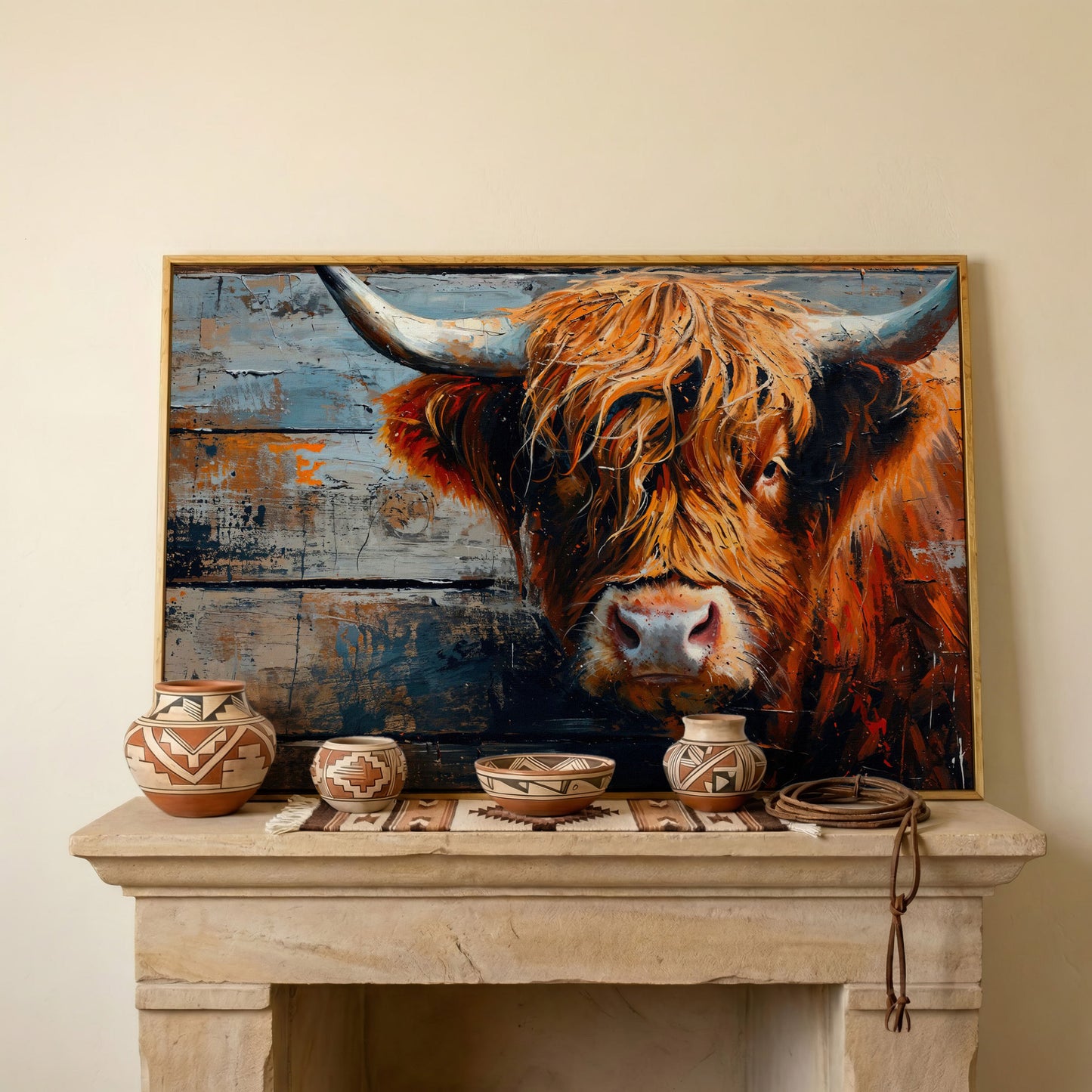 Scottish Highland Cow Canvas Print with Textured Farmhouse Detail in white oak floating frame