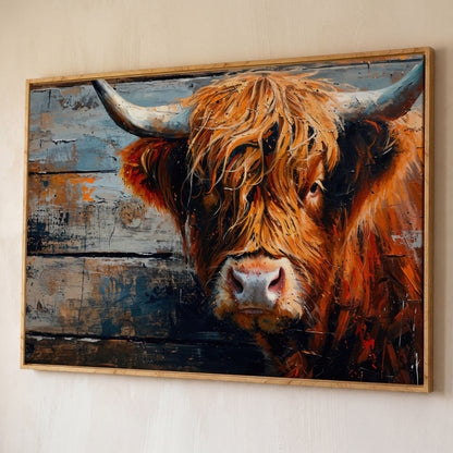 Scottish Highland Cow Canvas Print with Textured Farmhouse Detail shown in white oak floating frame