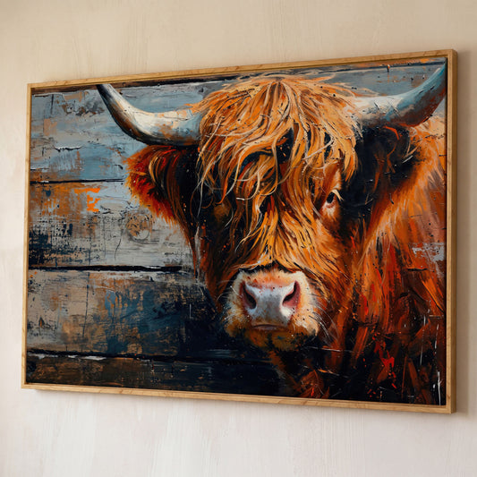 Scottish Highland Cow Canvas Print with Textured Farmhouse Detail shown in white oak floating frame