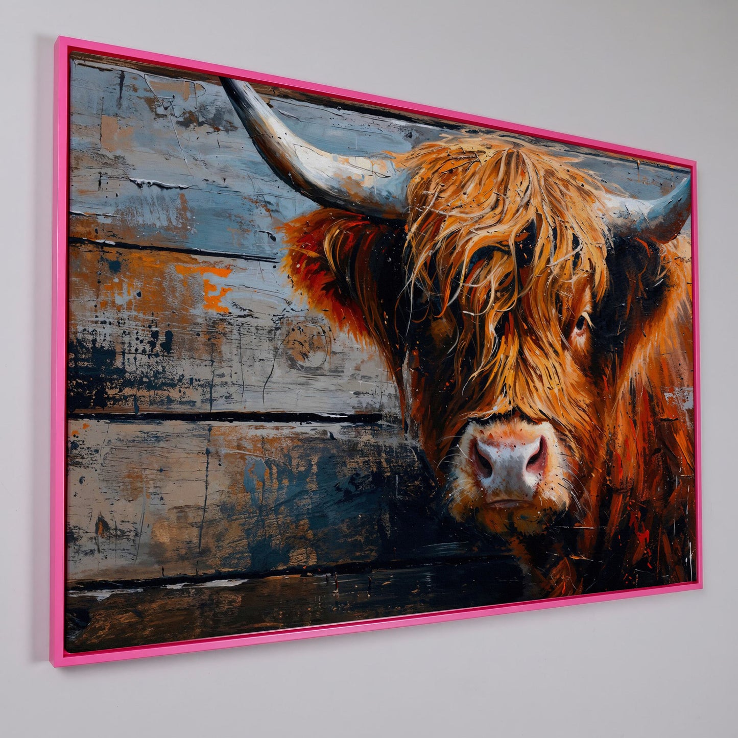 Scottish Highland Cow Canvas Print with Textured Farmhouse Detail in pink floating frame
