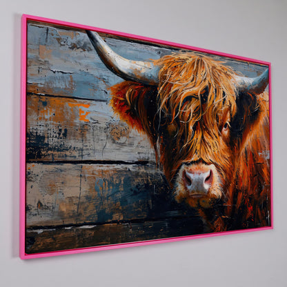 Scottish Highland Cow Canvas Print with Textured Farmhouse Detail in pink floating frame