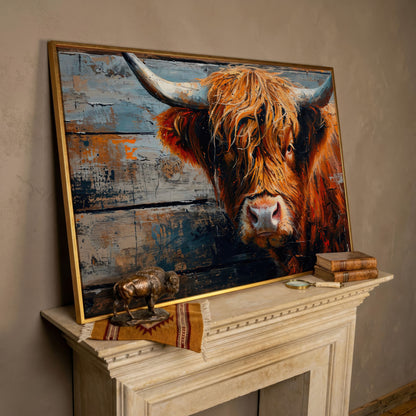 Scottish Highland Cow Canvas Print with Textured Farmhouse Detail in rose gold floating frame