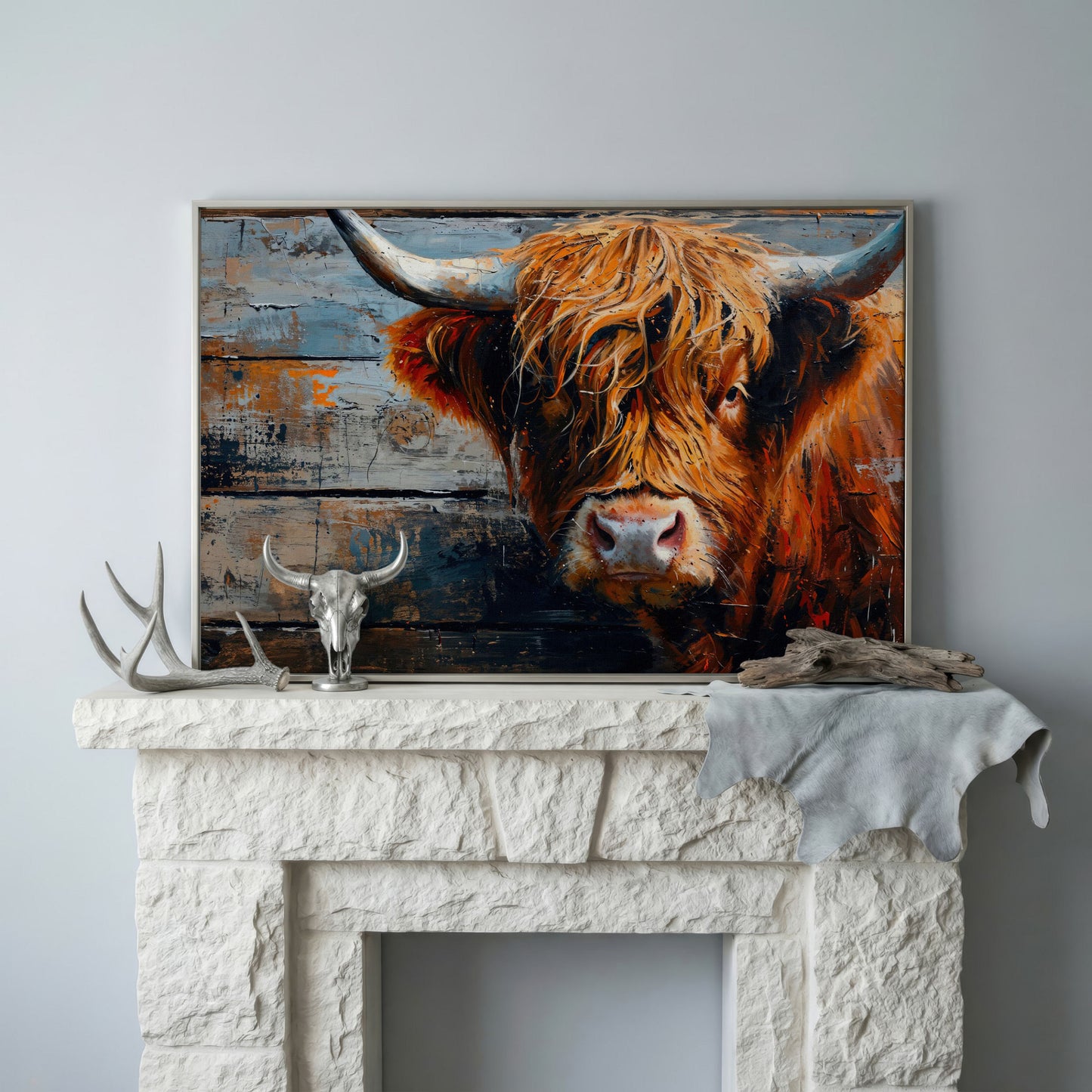 Scottish Highland Cow Canvas Print with Textured Farmhouse Detail in silver floating frame