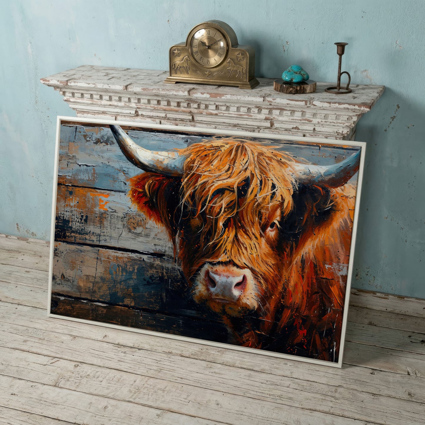 Scottish Highland Cow Canvas Print with Textured Farmhouse Detail in white floating frame