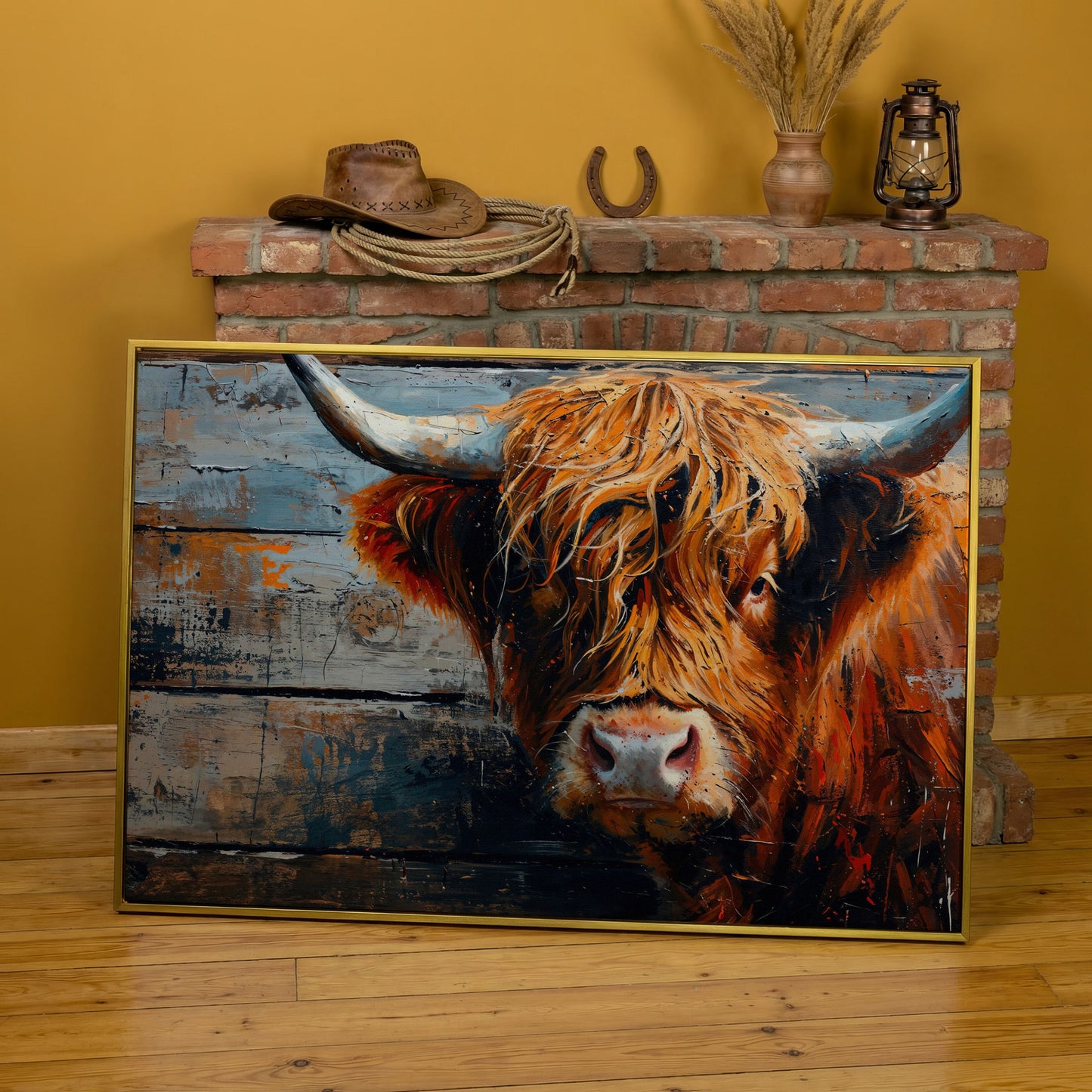 Scottish Highland Cow Canvas Print with Textured Farmhouse Detail in yellow gold floating frame
