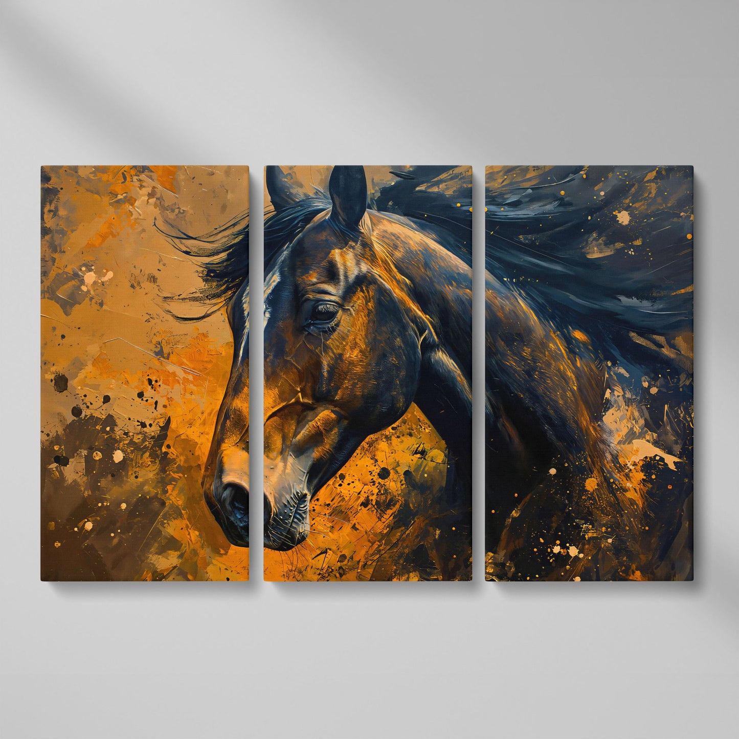 Brown Horse Canvas Print with Painterly Brushwork as 3-panel split version