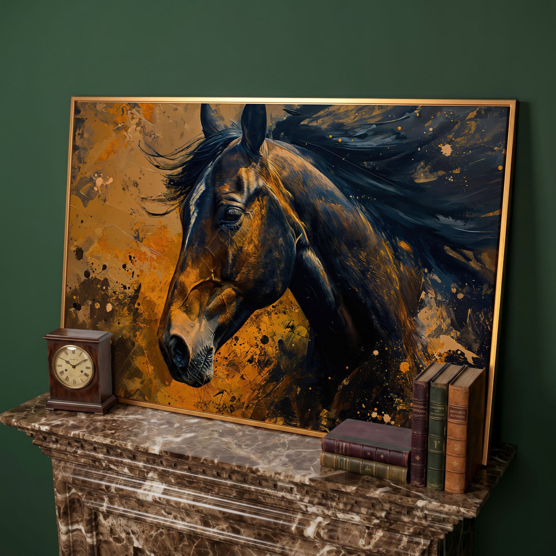 Brown Horse Canvas Print with Painterly Brushwork in antique gold floating frame