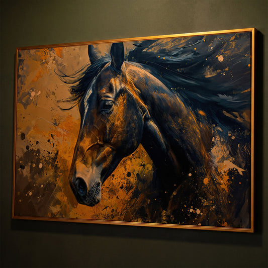 Brown Horse Canvas Print with Painterly Brushwork shown in antique gold floating frame