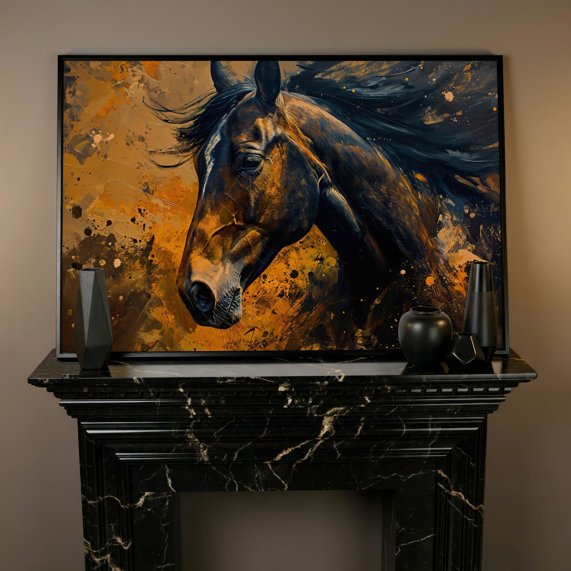 Brown Horse Canvas Print with Painterly Brushwork in black floating frame