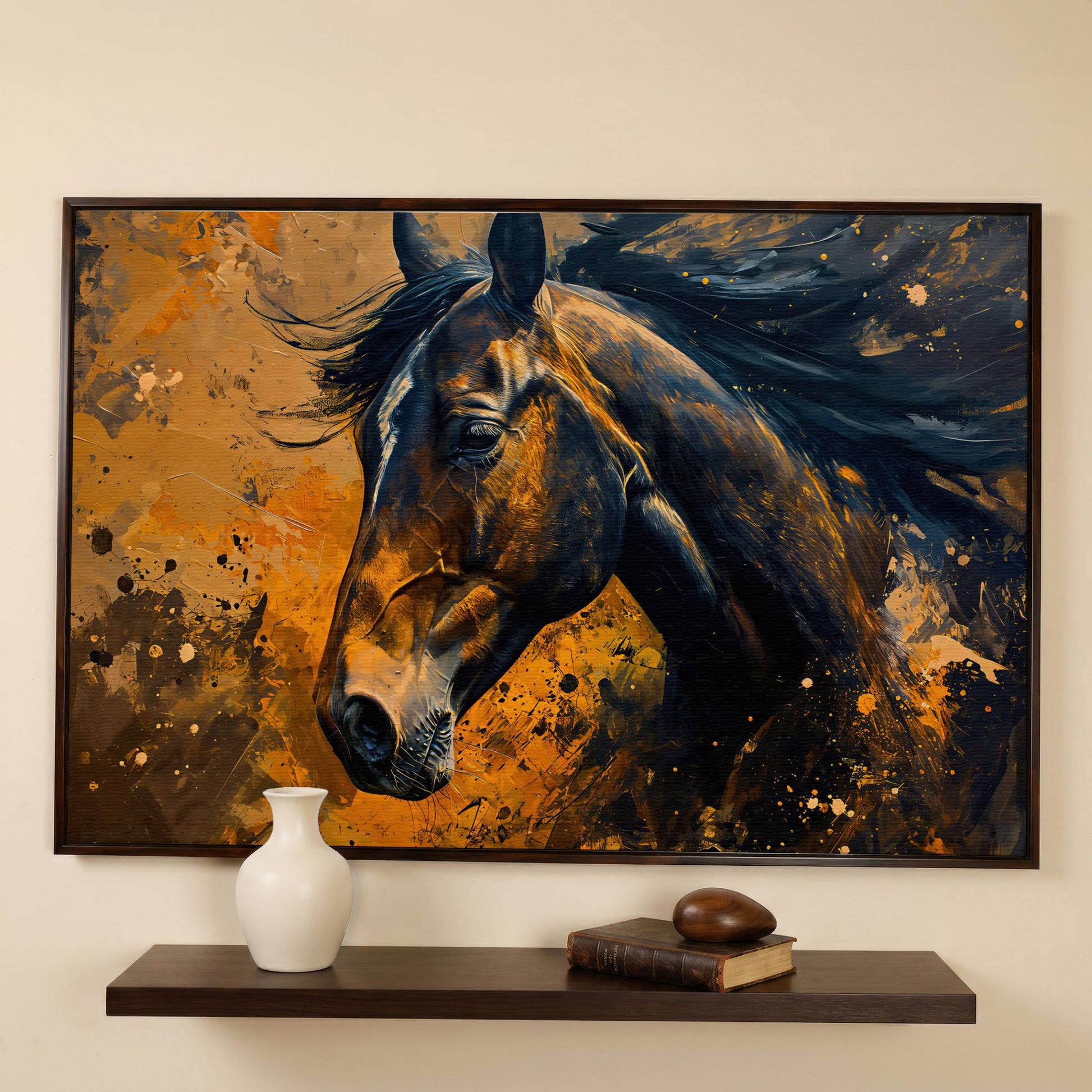 Brown Horse Canvas Print with Painterly Brushwork in dark walnut floating frame