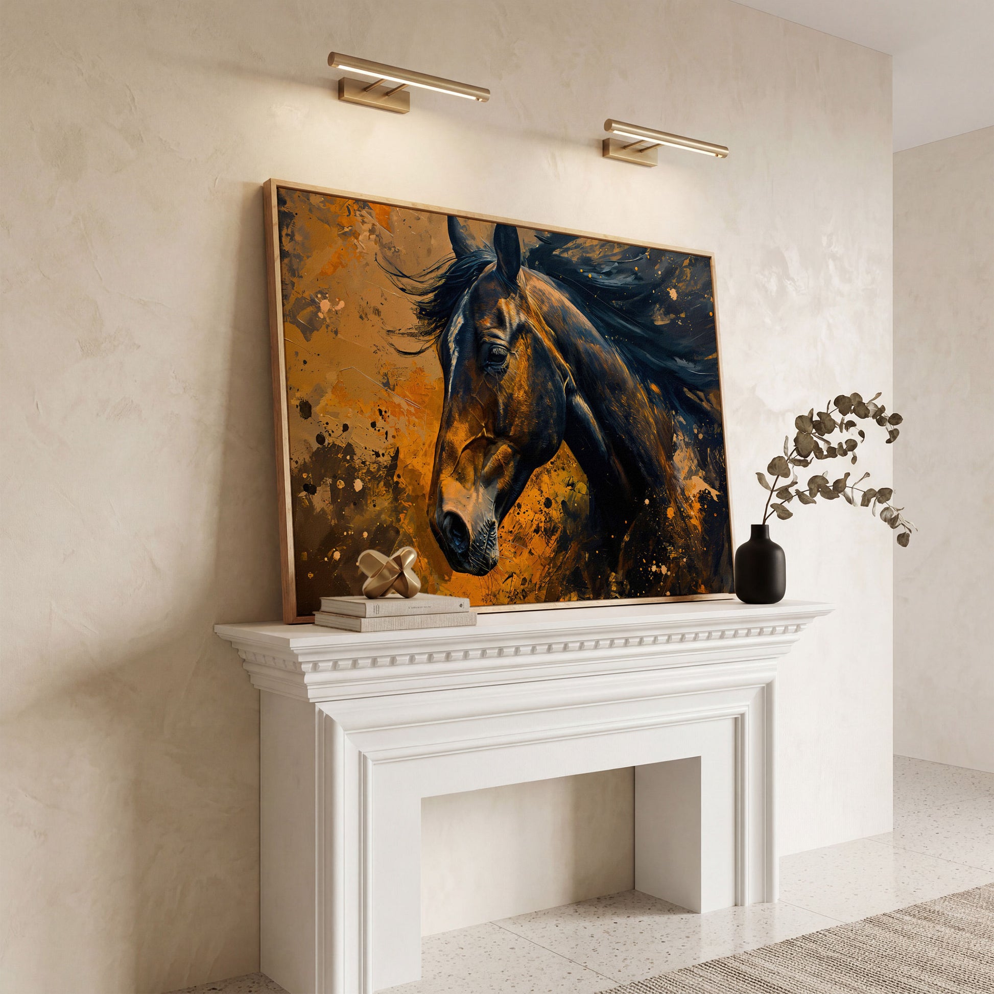 Brown Horse Canvas Print with Painterly Brushwork in white oak floating frame