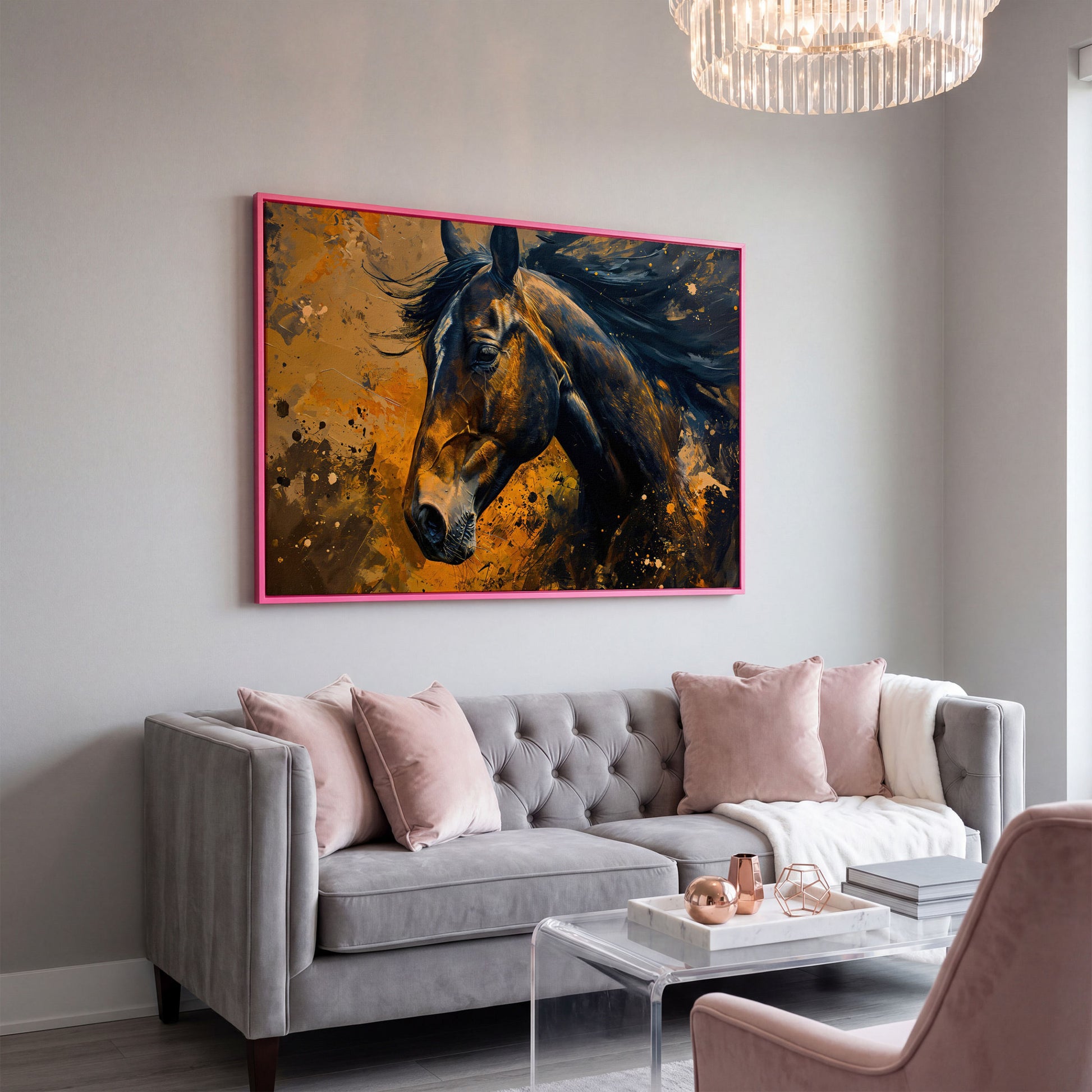 Brown Horse Canvas Print with Painterly Brushwork in pink floating frame