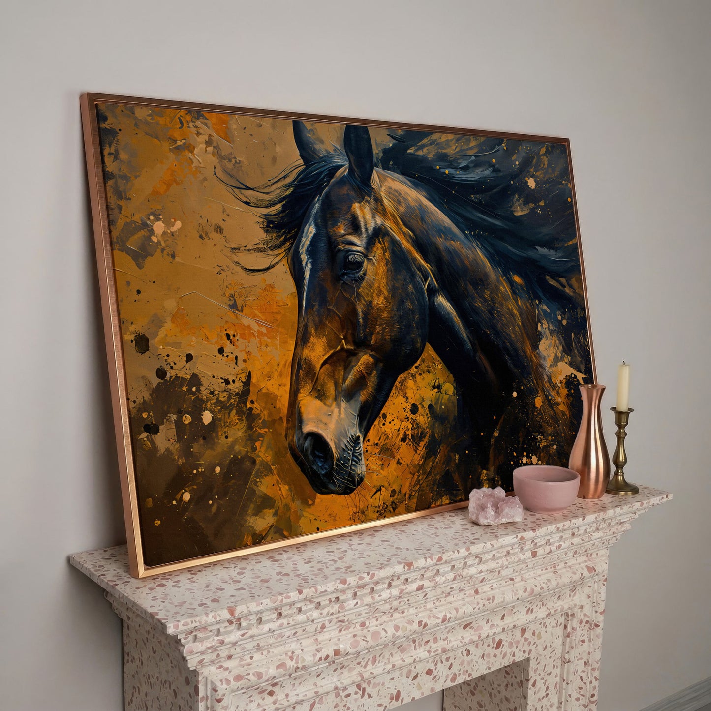 Brown Horse Canvas Print with Painterly Brushwork in rose gold floating frame