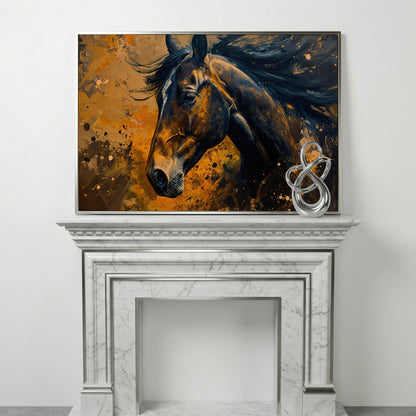 Brown Horse Canvas Print with Painterly Brushwork in silver floating frame