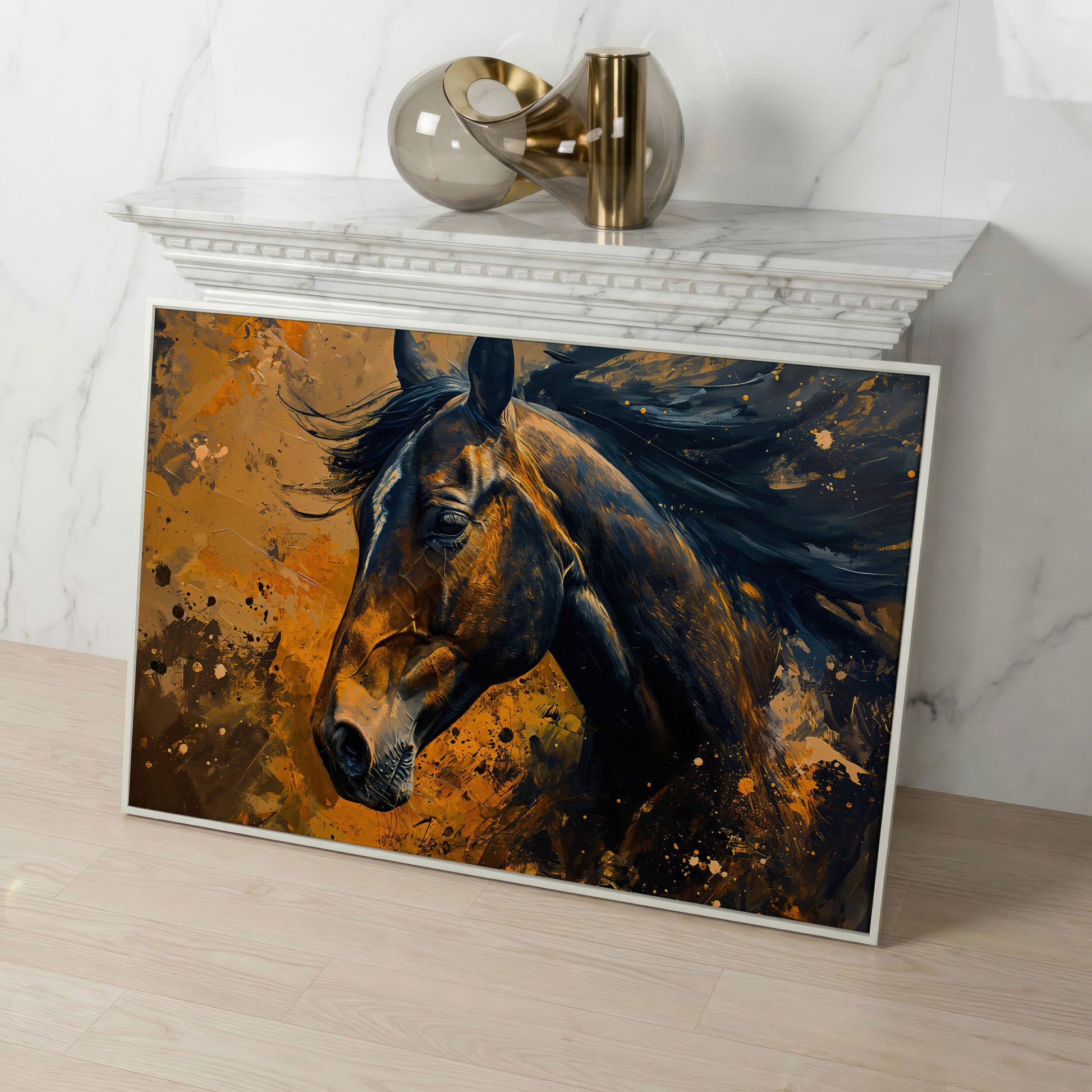 Brown Horse Canvas Print with Painterly Brushwork in white floating frame