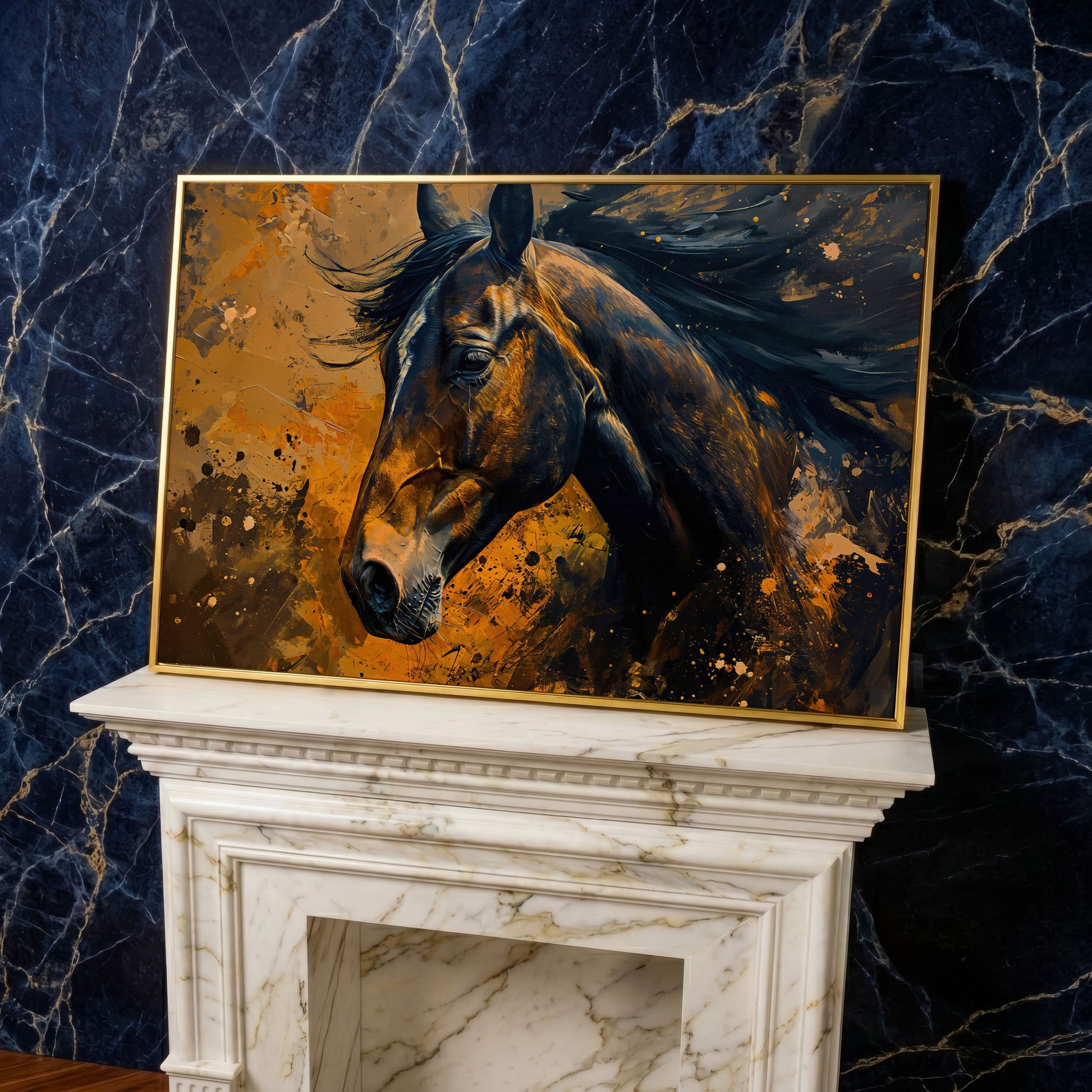 Brown Horse Canvas Print with Painterly Brushwork in yellow gold floating frame