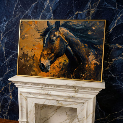 Brown Horse Canvas Print with Painterly Brushwork in yellow gold floating frame