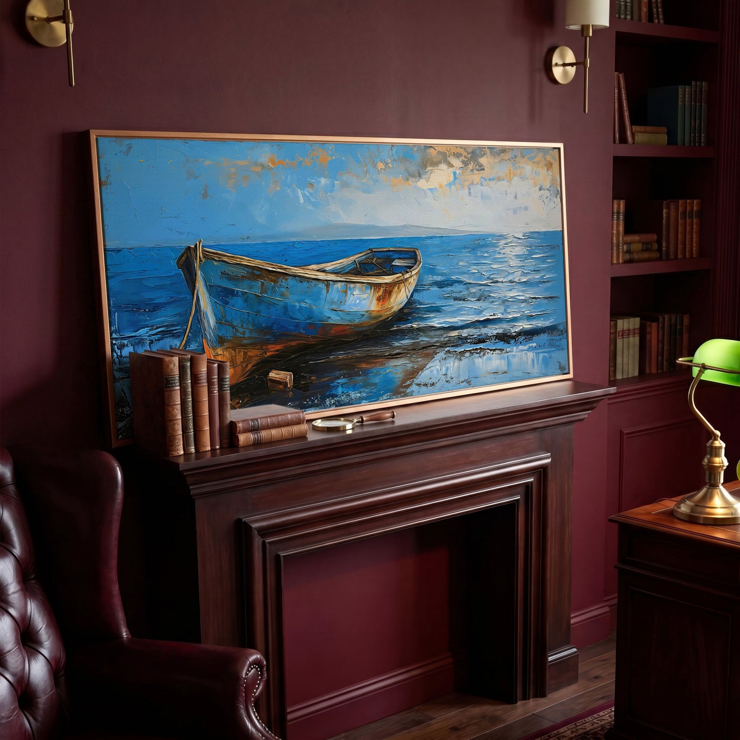 Coastal Blue Boat Canvas in antique gold floating frame