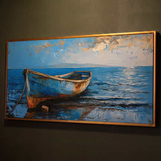 Coastal Blue Boat Canvas shown in antique gold floating frame