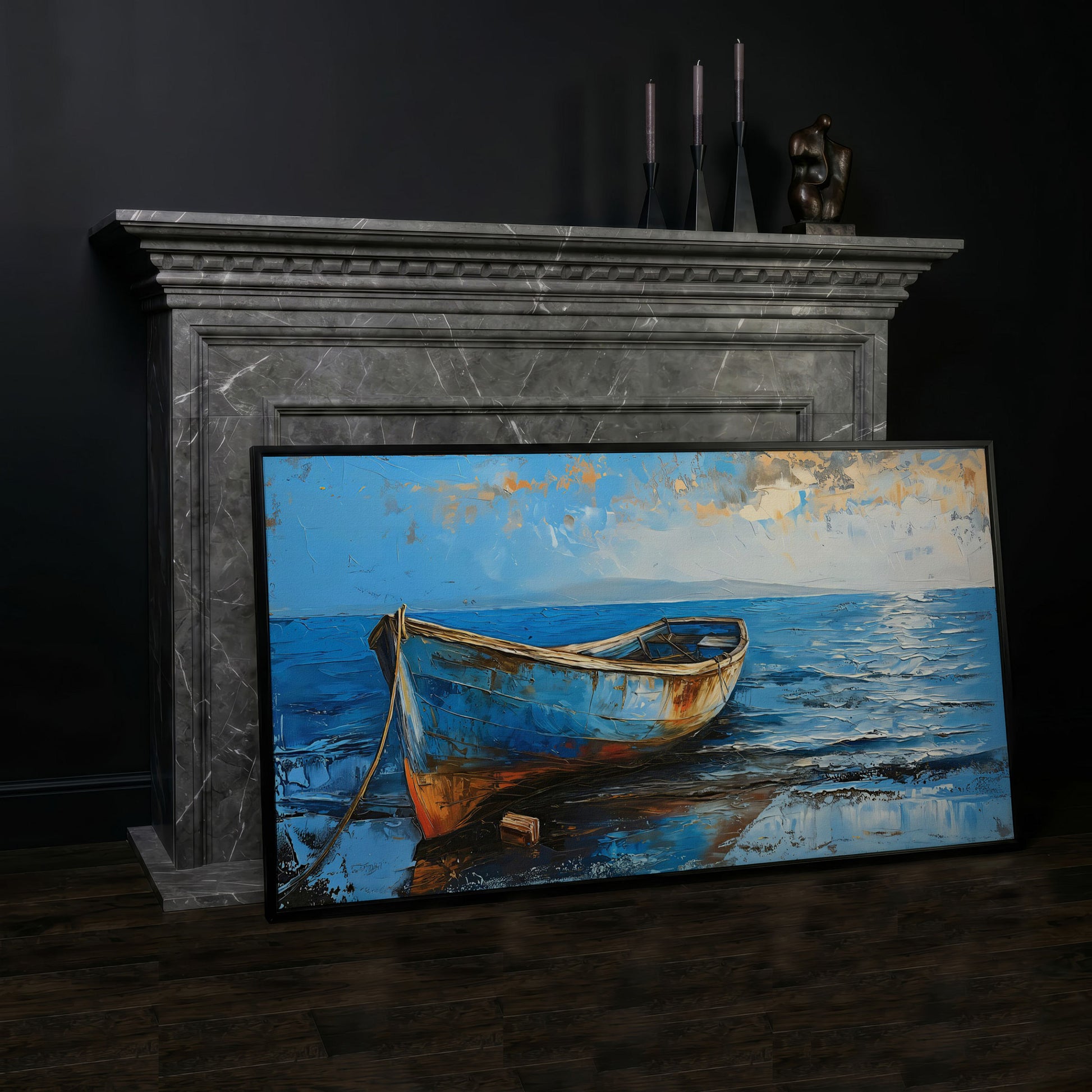 Coastal Blue Boat Canvas in black floating frame