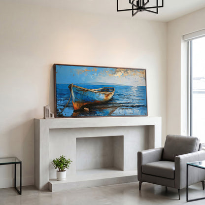 Coastal Blue Boat Canvas in dark walnut floating frame
