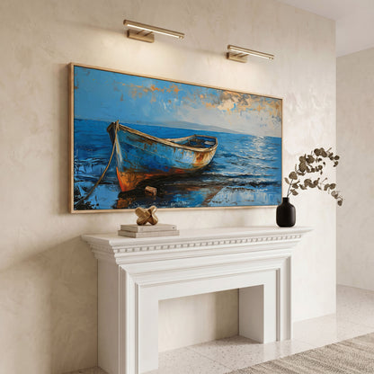 Coastal Blue Boat Canvas in white oak floating frame