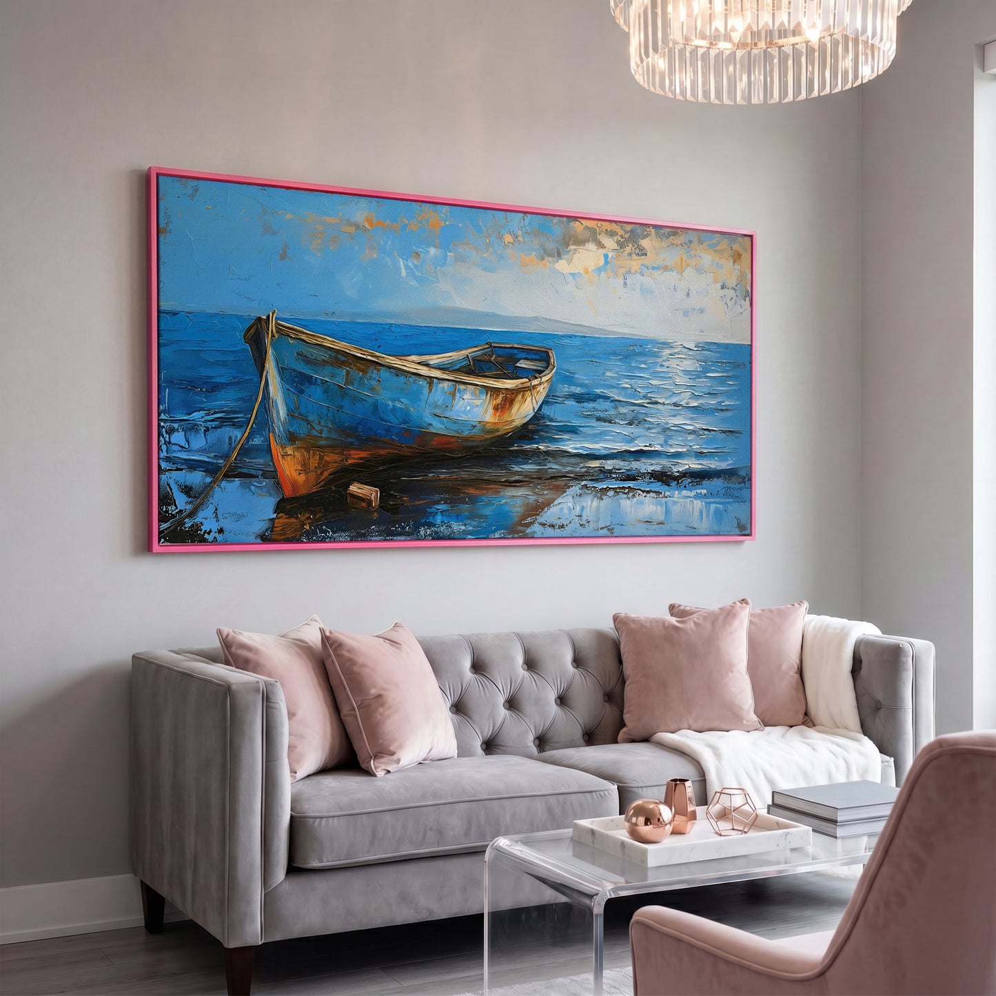 Coastal Blue Boat Canvas in pink floating frame
