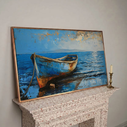Coastal Blue Boat Canvas in rose gold floating frame