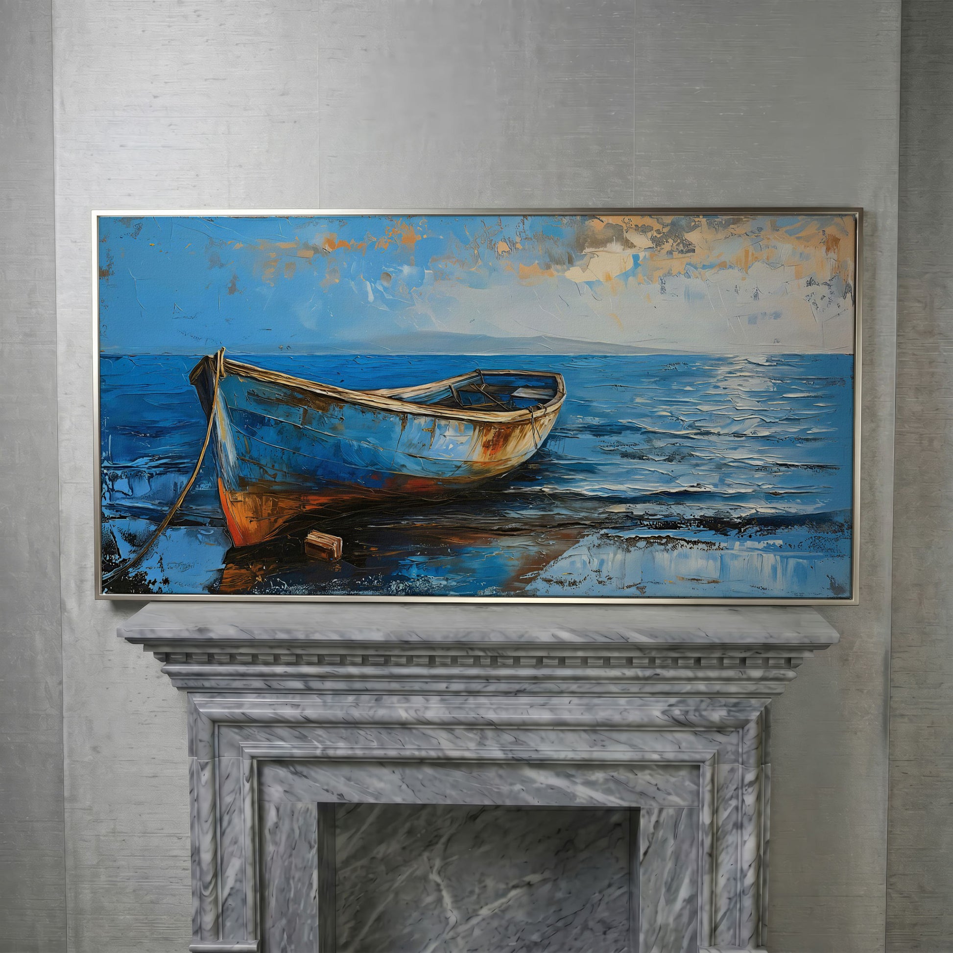 Coastal Blue Boat Canvas in silver floating frame