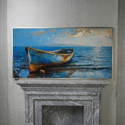 Coastal Blue Boat Canvas in silver floating frame