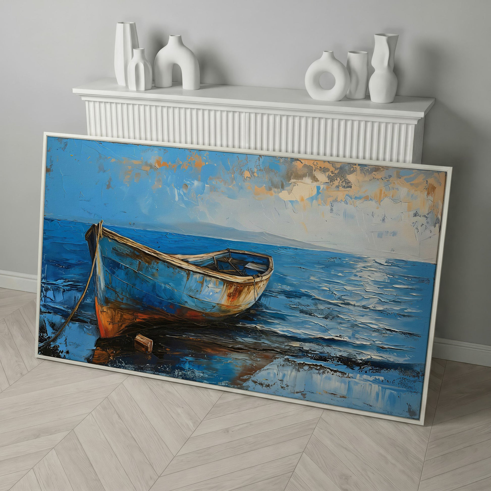 Coastal Blue Boat Canvas in white floating frame