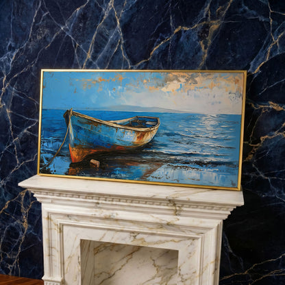 Coastal Blue Boat Canvas in yellow gold floating frame