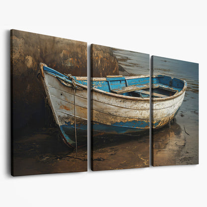 Whimsical Old Boat Canvas Wall Art as 3-panel split version