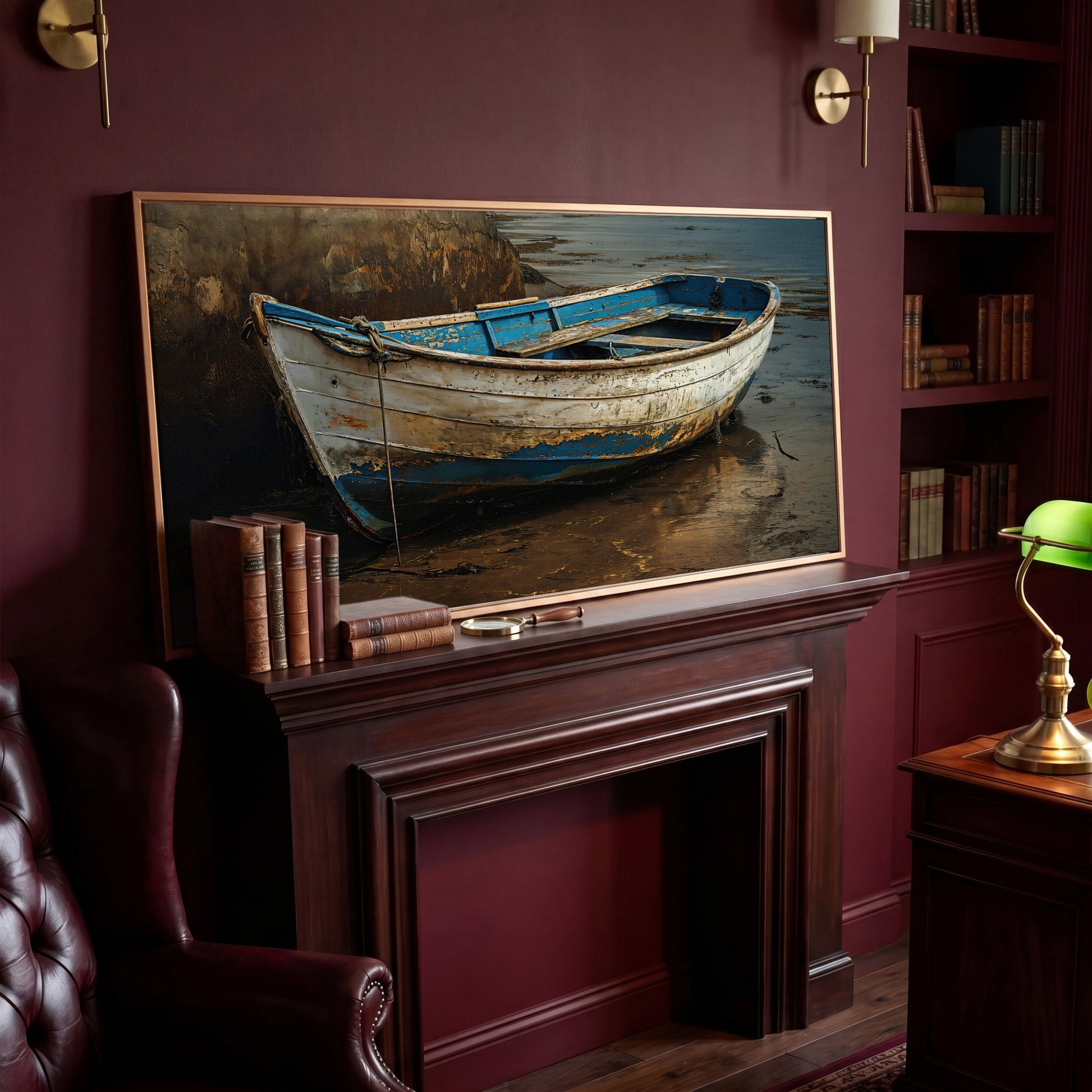 Whimsical Old Boat Canvas Wall Art in antique gold floating frame