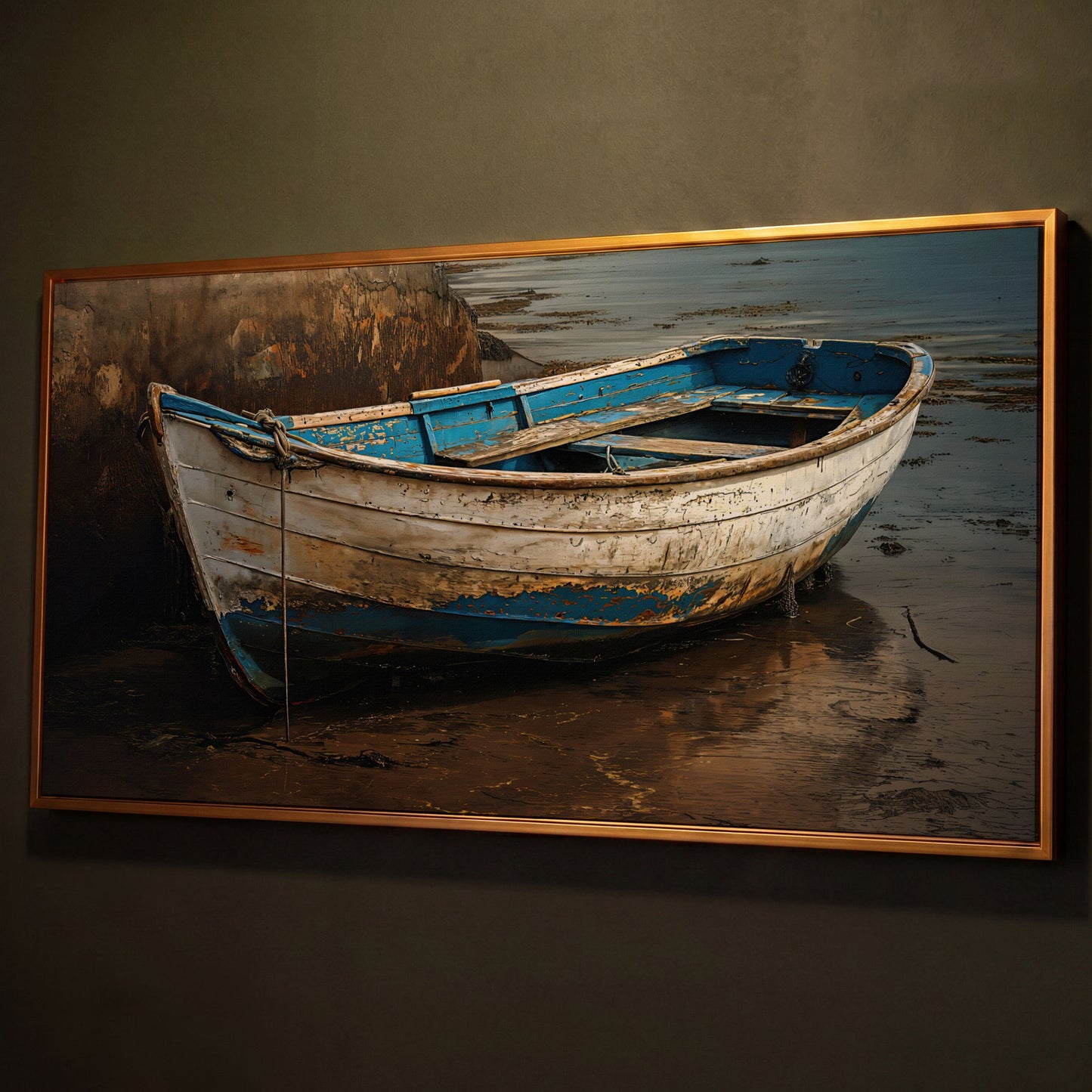 Whimsical Old Boat Canvas Wall Art shown in antique gold floating frame