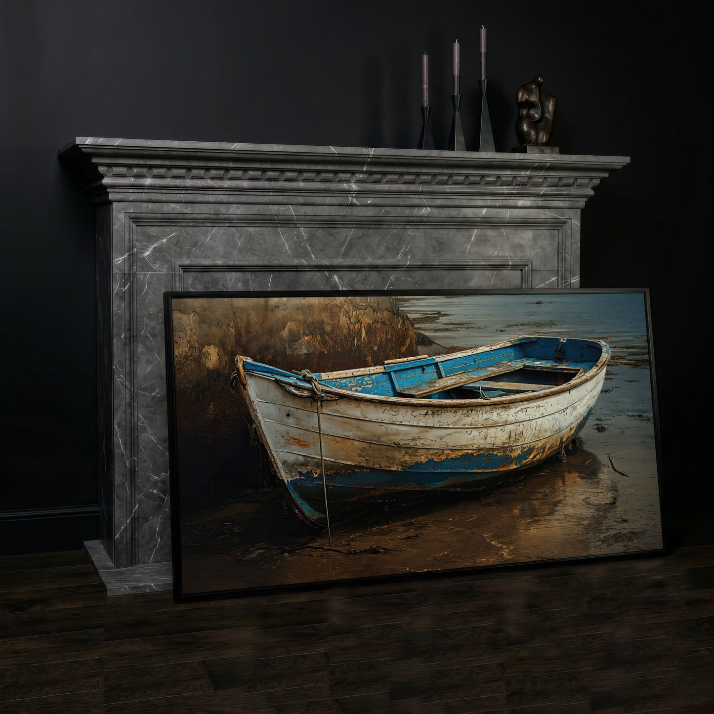 Whimsical Old Boat Canvas Wall Art in black floating frame