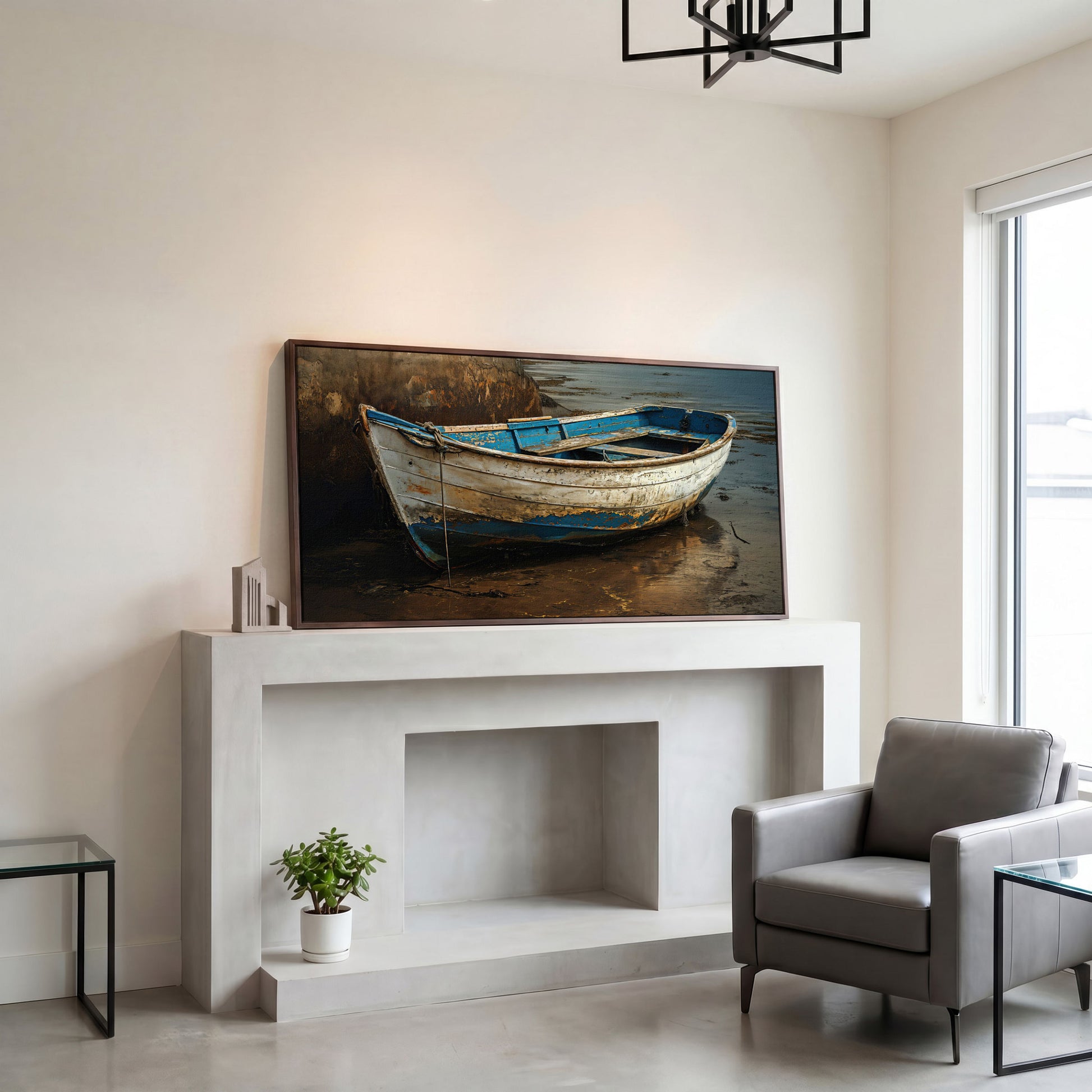 Whimsical Old Boat Canvas Wall Art in dark walnut floating frame