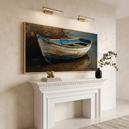 Whimsical Old Boat Canvas Wall Art in white oak floating frame