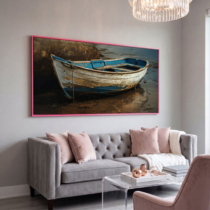 Whimsical Old Boat Canvas Wall Art in pink floating frame
