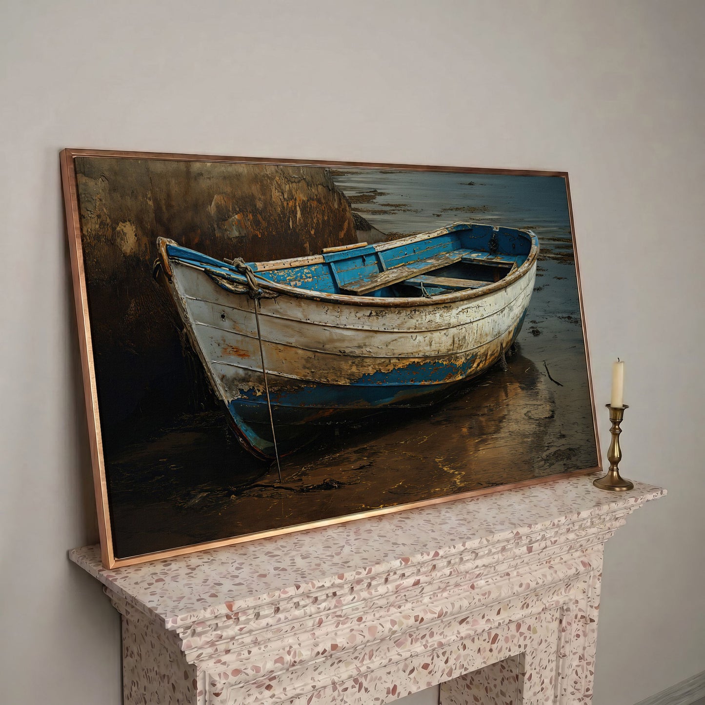 Whimsical Old Boat Canvas Wall Art in rose gold floating frame