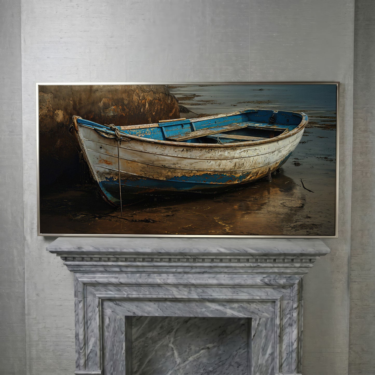 Whimsical Old Boat Canvas Wall Art in silver floating frame