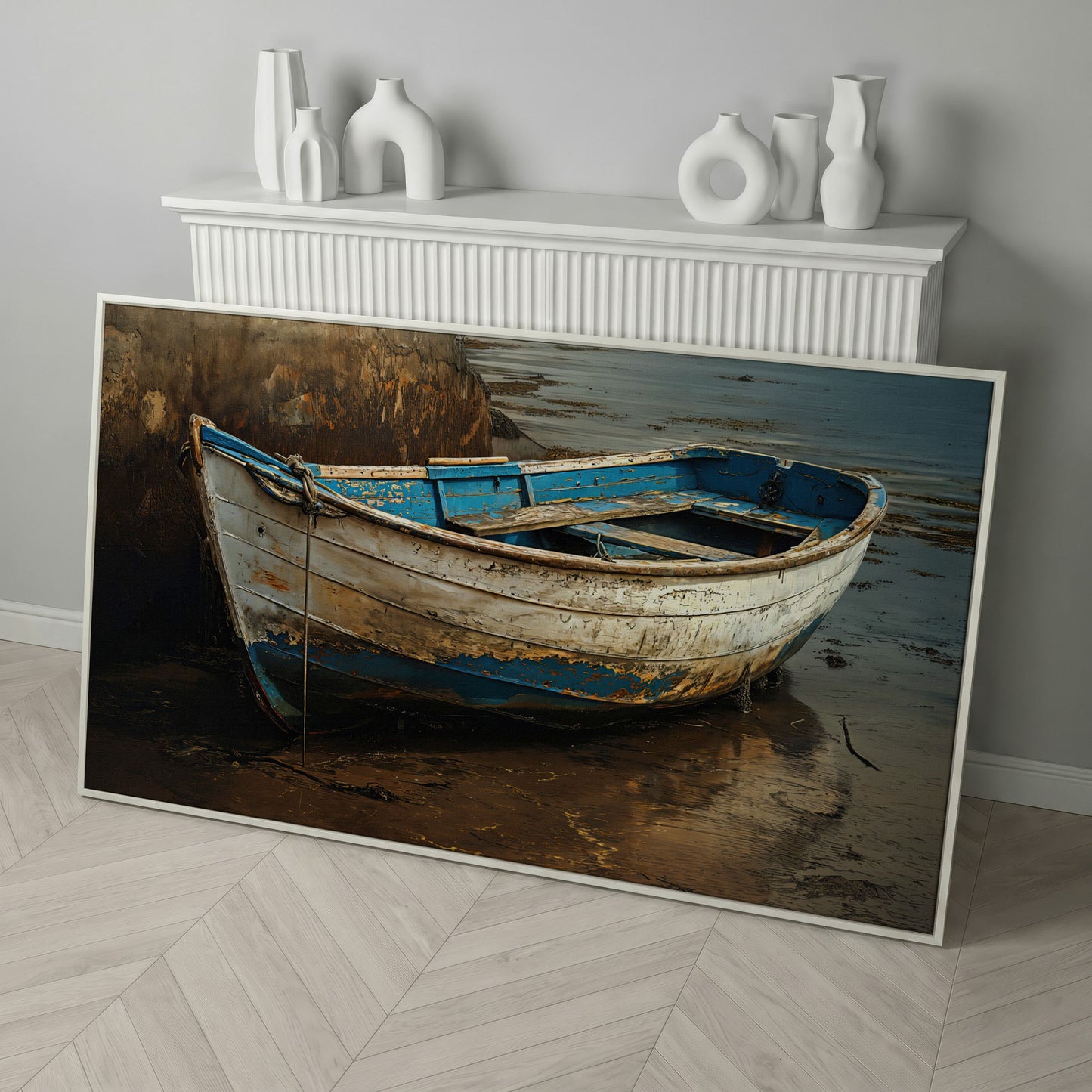 Whimsical Old Boat Canvas Wall Art in white floating frame