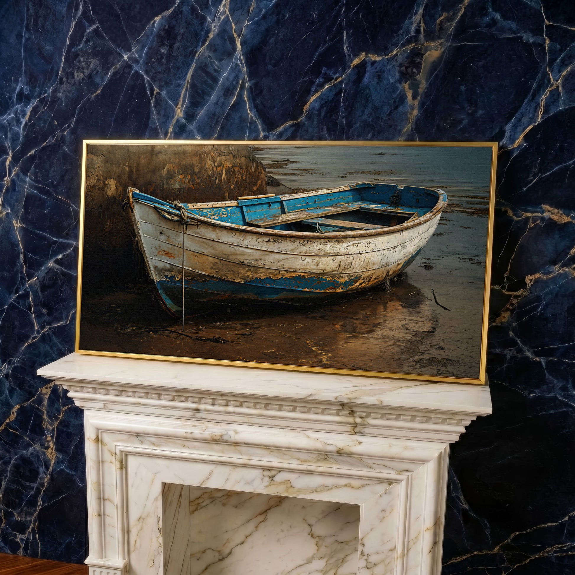Whimsical Old Boat Canvas Wall Art in yellow gold floating frame
