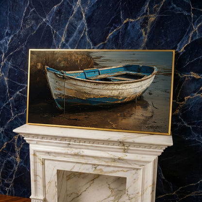 Whimsical Old Boat Canvas Wall Art in yellow gold floating frame