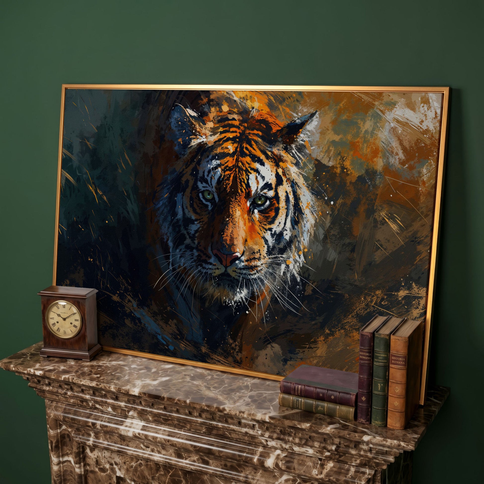 Majestic Tiger Portrait Canvas Print in antique gold floating frame