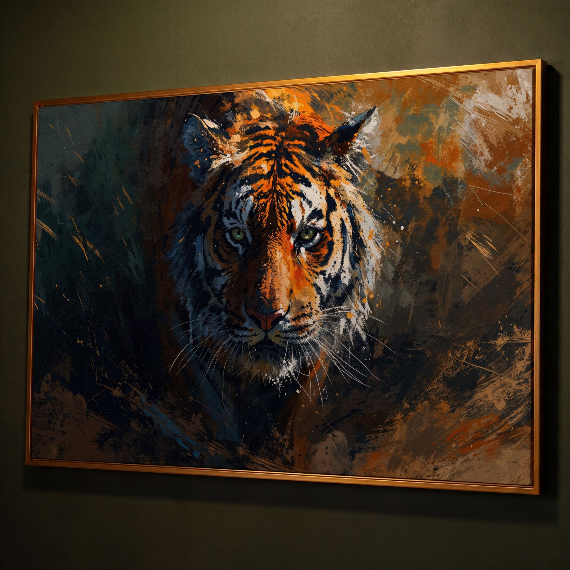 Majestic Tiger Portrait Canvas Print shown in antique gold floating frame