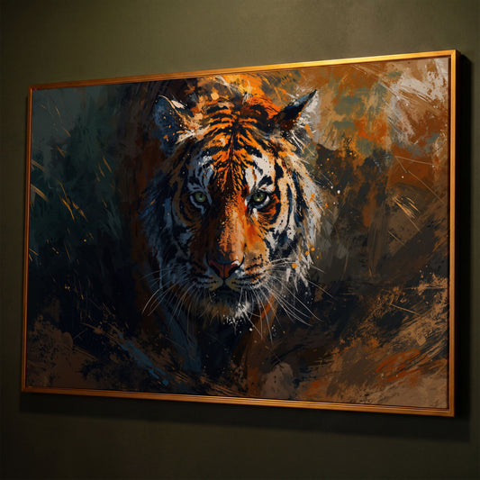 Majestic Tiger Portrait Canvas Print shown in antique gold floating frame