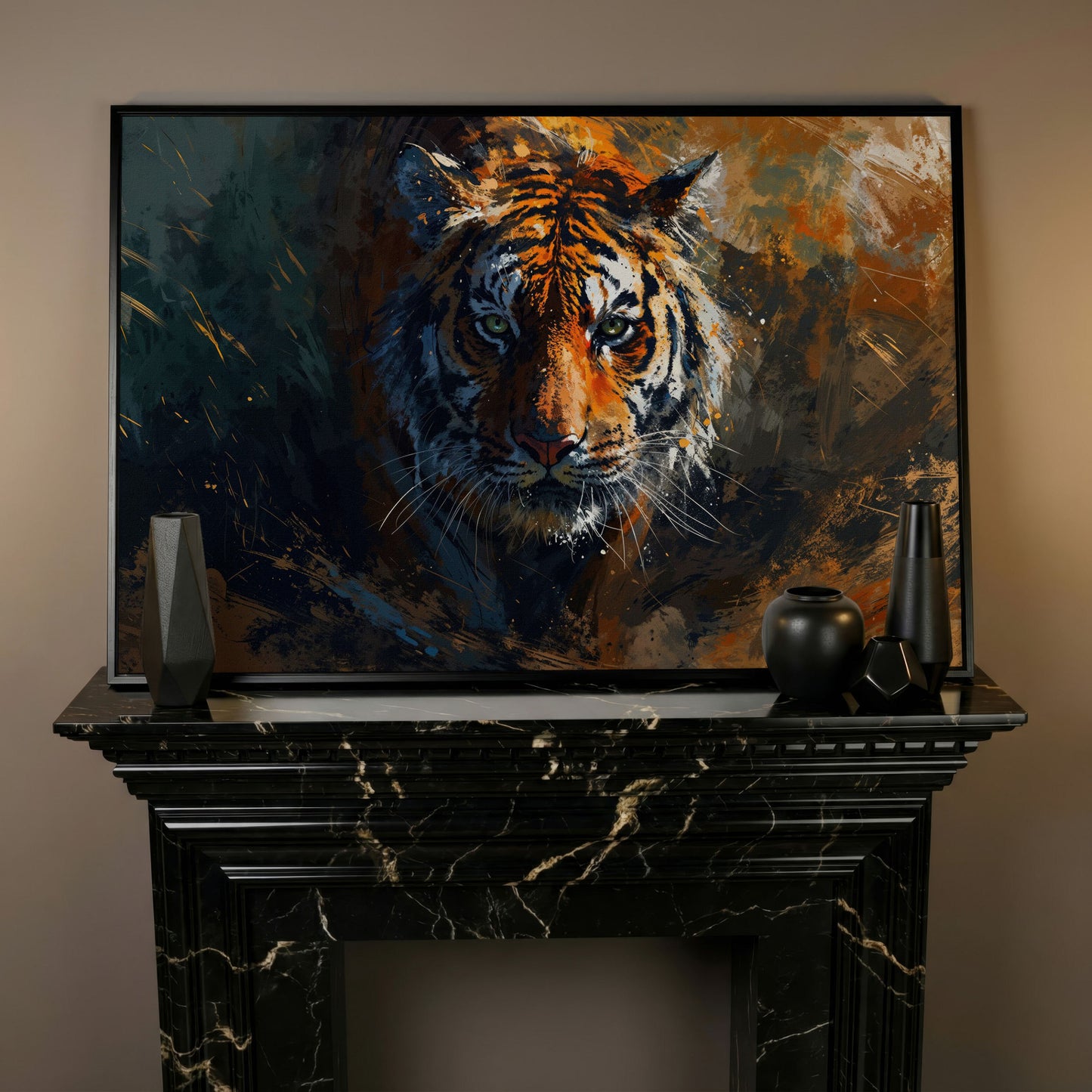 Majestic Tiger Portrait Canvas Print in black floating frame
